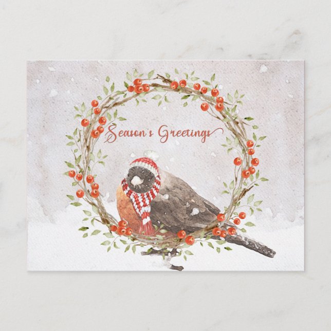 Cute American Robin Watercolor Christmas Bird Holiday Postcard (Front)