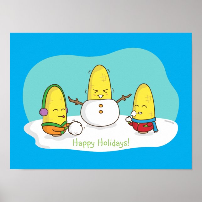 Cute Amusing Christmas Corn Builds Snowman Poster (Front)