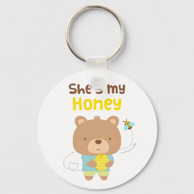 Cute Amusing Couple Male Bear and Bee Keychain (Front)