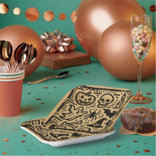 Cute ancient hieroglyph pumpkin and bat Halloween Paper Plate