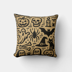 Cute ancient hieroglyph pumpkin and bat Halloween Throw Pillow