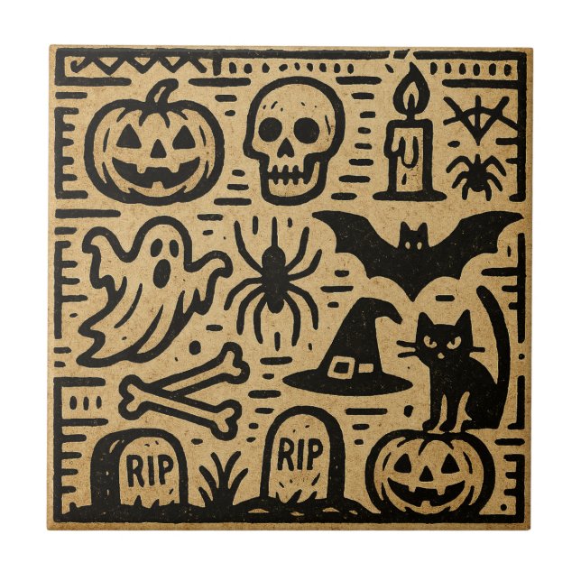 Cute ancient hieroglyph pumpkin and bat Halloween Tile (Front)