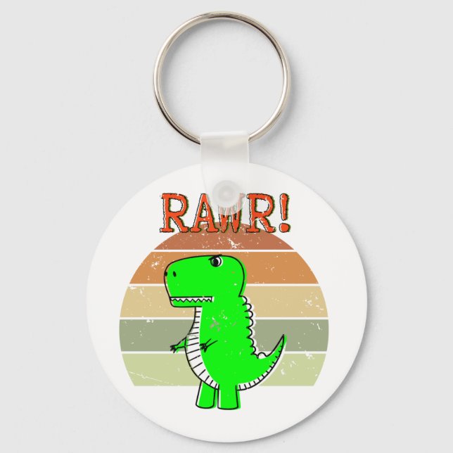 Cute And Angry Cartoon T-Rex Dinosaur Sunset Keychain (Front)