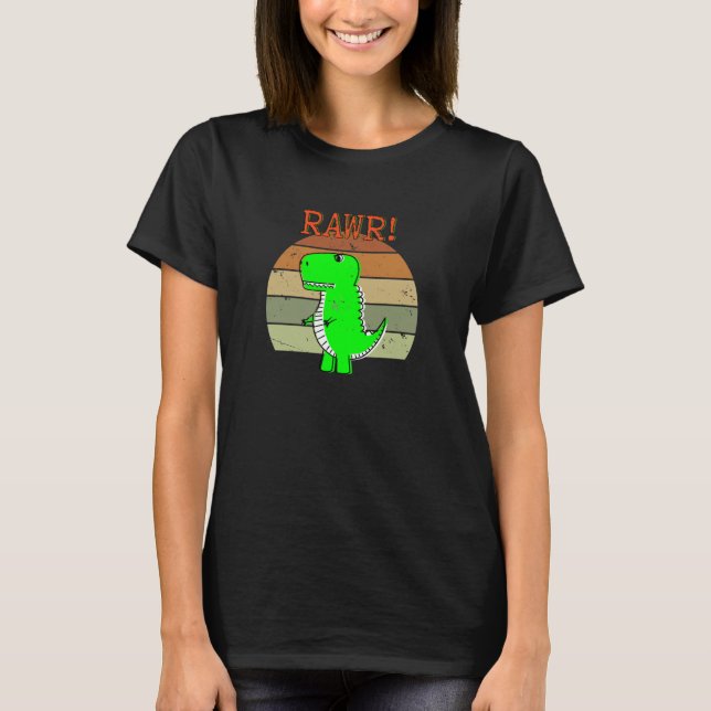 Cute And Angry Cartoon T-Rex Dinosaur Sunset T-Shirt (Front)