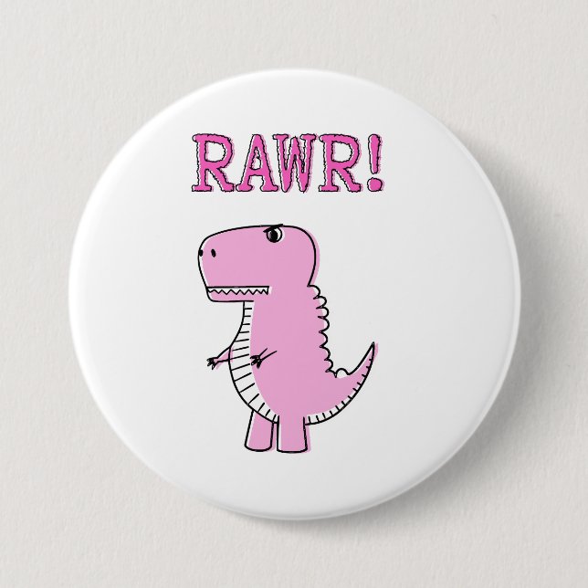 Cute And Angry Pink Cartoon T-Rex Dinosaur 3 Inch Round Button (Front)