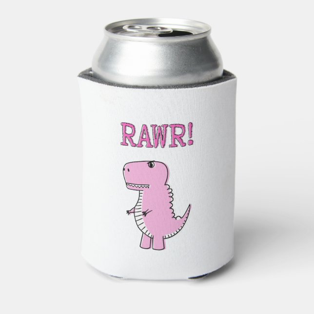 Cute And Angry Pink Cartoon T-Rex Dinosaur Can Cooler (Can Back)