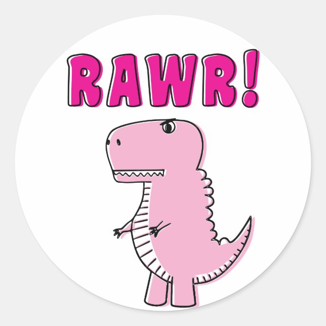 Cute And Angry Pink Cartoon T-Rex Dinosaur Classic Round Sticker (Front)