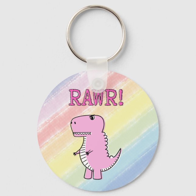 Cute And Angry Pink Cartoon T-Rex Dinosaur Keychain (Front)
