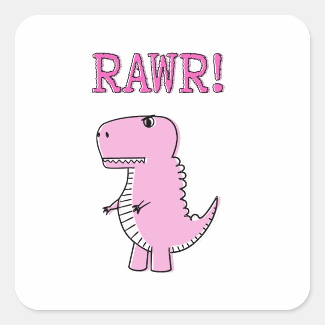 Cute And Angry Pink Cartoon T-Rex Dinosaur Square Sticker (Front)
