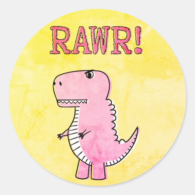 Cute And Angry Pink Cartoon T-Rex Old Paper Classic Round Sticker (Front)