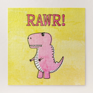 Cute And Angry Pink Cartoon T-Rex Old Paper Jigsaw Puzzle