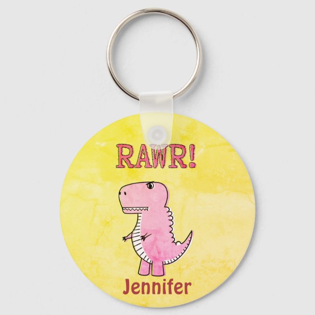 Cute And Angry Pink Cartoon T-Rex Old Paper Keychain (Front)