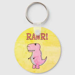 Cute And Angry Pink Cartoon T-Rex Old Paper Keychain