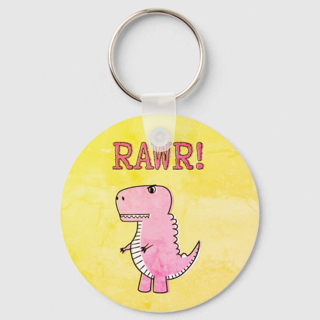 Cute And Angry Pink Cartoon T-Rex Old Paper Keychain (Front)