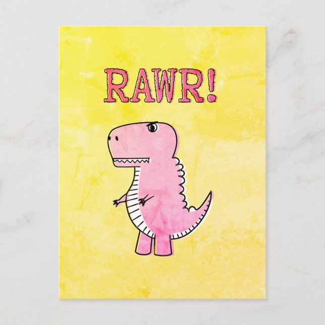Cute And Angry Pink Cartoon T-Rex Old Paper Postcard (Front)