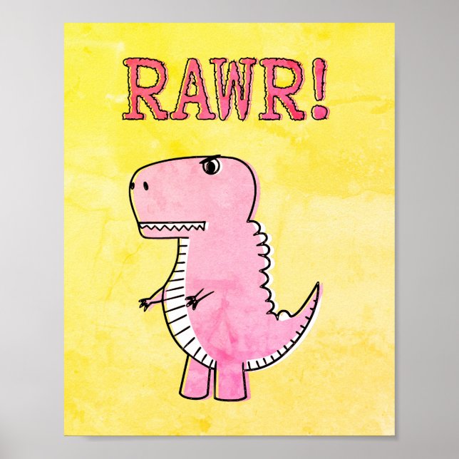 Cute And Angry Pink Cartoon T-Rex Old Paper Poster (Front)