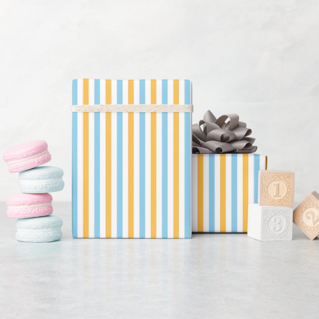 Cute and Chic Warm Yellow and Baby Blue Stripes Wrapping Paper (Baby Shower)