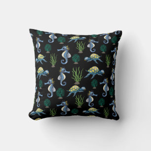 Cute and Colorful Cartoon Sea Horses & Turtles Throw Pillow