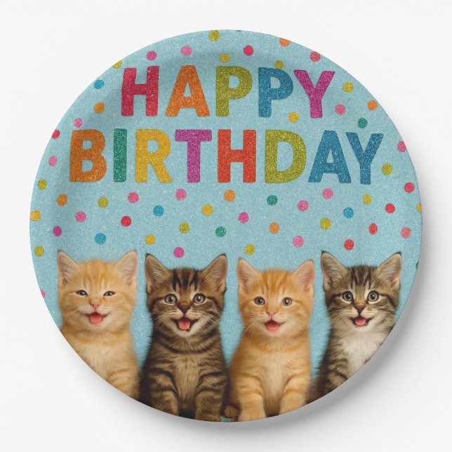 Cute and colorful cat birthday paper plates. plate (Front)