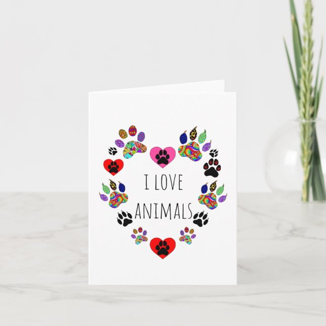 Cute and Colorful Heart Paw Prints Greeting Card (Front)