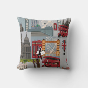Cute and Colorful London Cartoon Drawing Throw Pillow