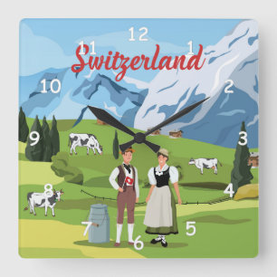 Cute and Colorful Switzerland Cartoon Drawing Square Wall Clock