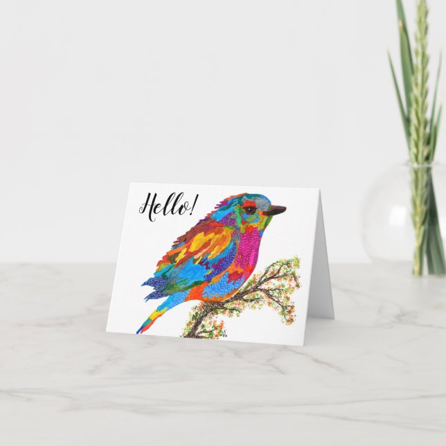 Cute and Colourful Bird on a Branch Greeting Card (Front)