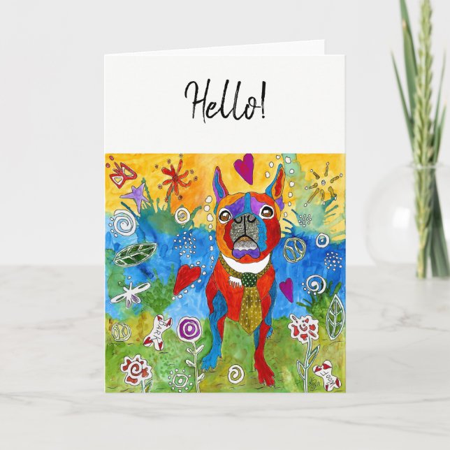 Cute and Colourful Boston Terrier Greeting Card (Front)
