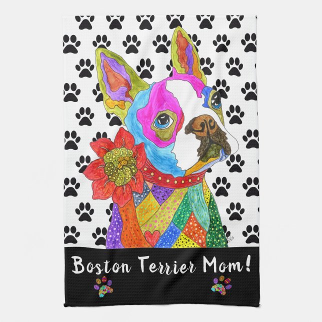 Cute and Colourful Boston Terrier Mom Kitchen Towe Towel (Vertical)