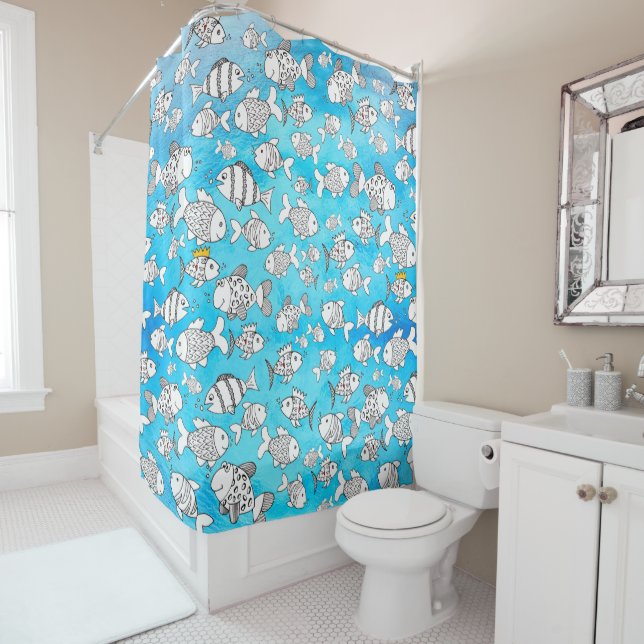 Cute and Colourful Cartoon Fish Shower Curtain (In Situ)