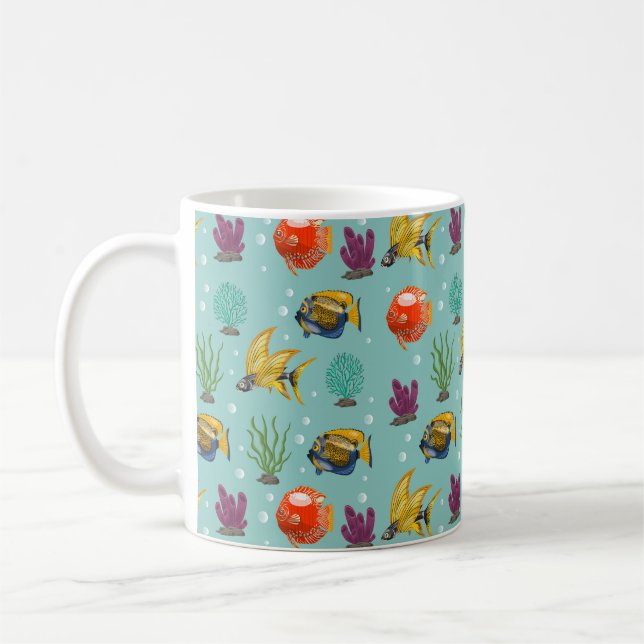 Cute and Colourful Cartoon Fish with Bubbles Coffee Mug (Left)