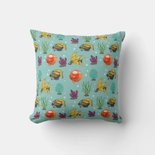 Cute and Colourful Cartoon Fish with Bubbles Throw Pillow