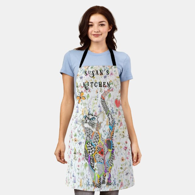 Cute and Colourful Cat and Butterfly Personalized Apron (Worn)
