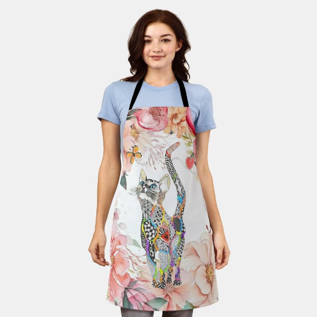 Cute and Colourful Cat and Butterfly Personalized Apron (Worn)