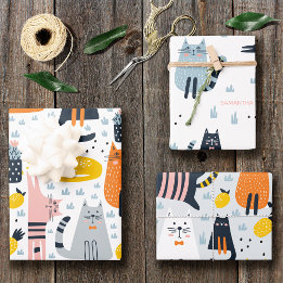 Cute and Colourful Cat Pattern Monogrammed Name Wrapping Paper Sheet