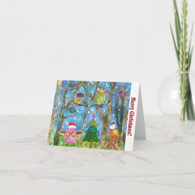 Cute and Colourful Christmas Owls Greeting Card (Front)