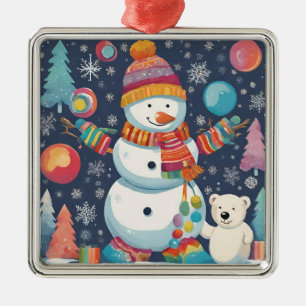 Cute and Colourful Christmas Snowman Metal Ornament