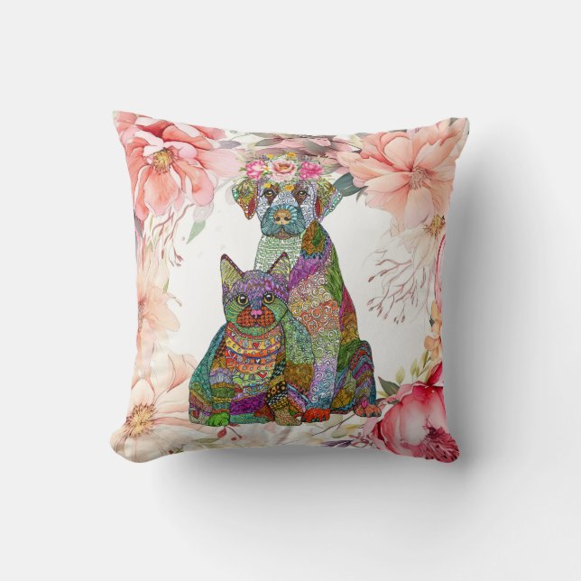 Cute and Colourful Dog and Cat Adoption Floral  Throw Pillow (Front)