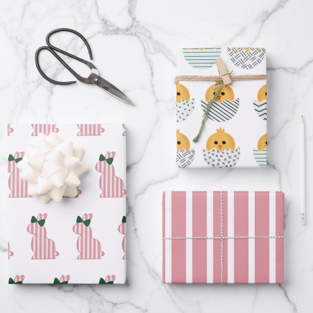 Cute and colourful Easter bunny and chick Striped Wrapping Paper Sheet (Front)