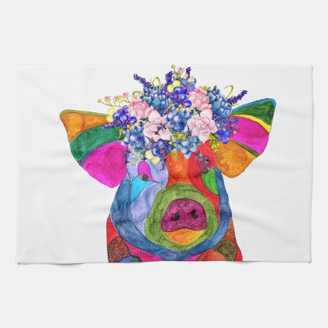 Cute and Colourful Floral Pig Kitchen Towel (Horizontal)