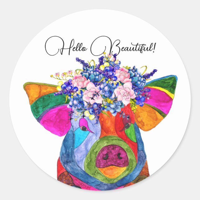 Cute and Colourful Floral Pig Round Stickers (Front)