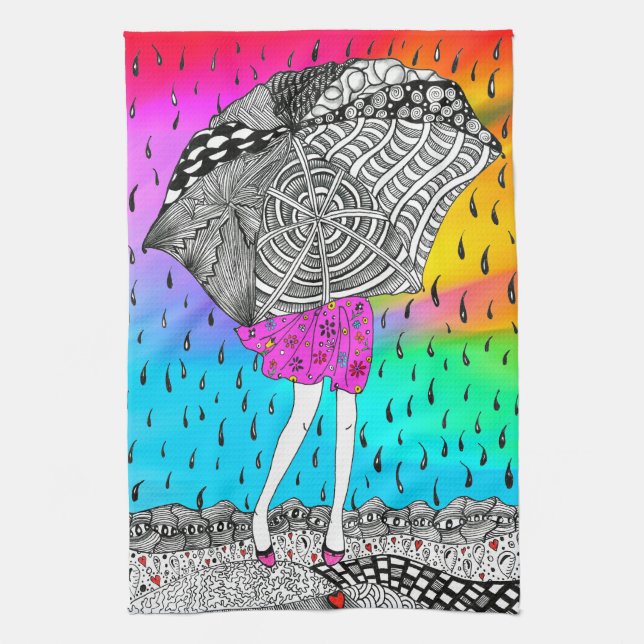 Cute and Colourful Girl in the Rain Kitchen Towel (Vertical)