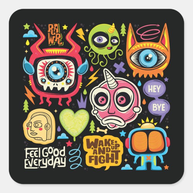 Cute and Colourful Hand Drawn Monster Doodle Square Sticker (Front)