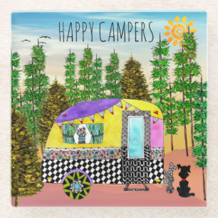 Cute and Colourful Happy Camper Trivet Glass Coaster