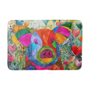 Cute and Colourful Happy Pig with Hearts Bath Mat