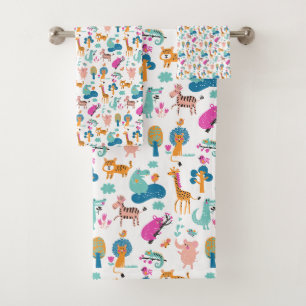Cute and Colourful Jungle Animals Pattern Bath Towel Set