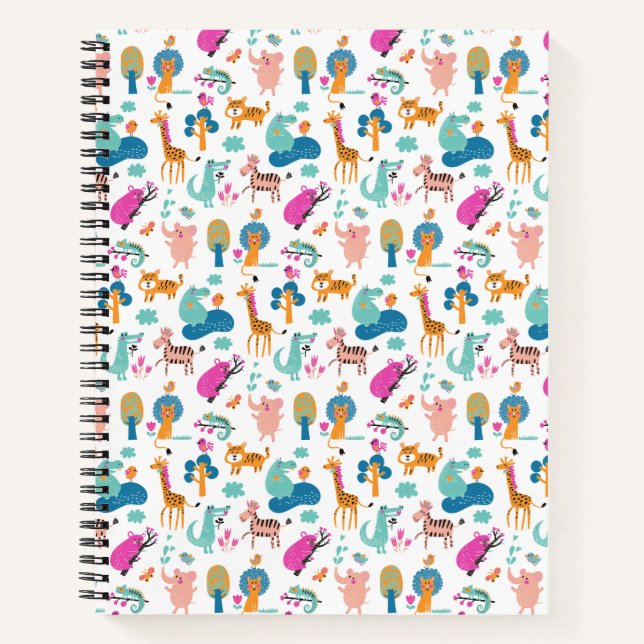 Cute and Colourful Jungle Animals Pattern Notebook (Front)