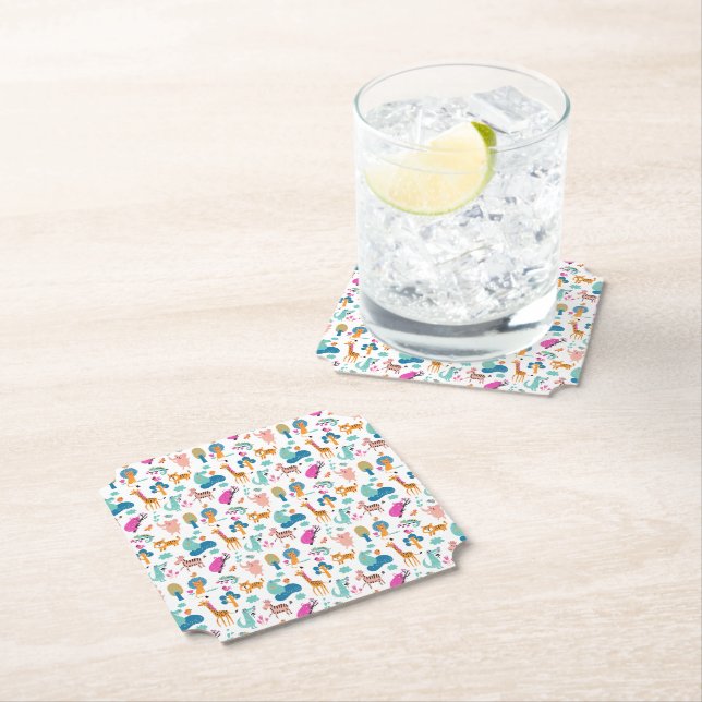 Cute and Colourful Jungle Animals Pattern Paper Coaster (Insitu)