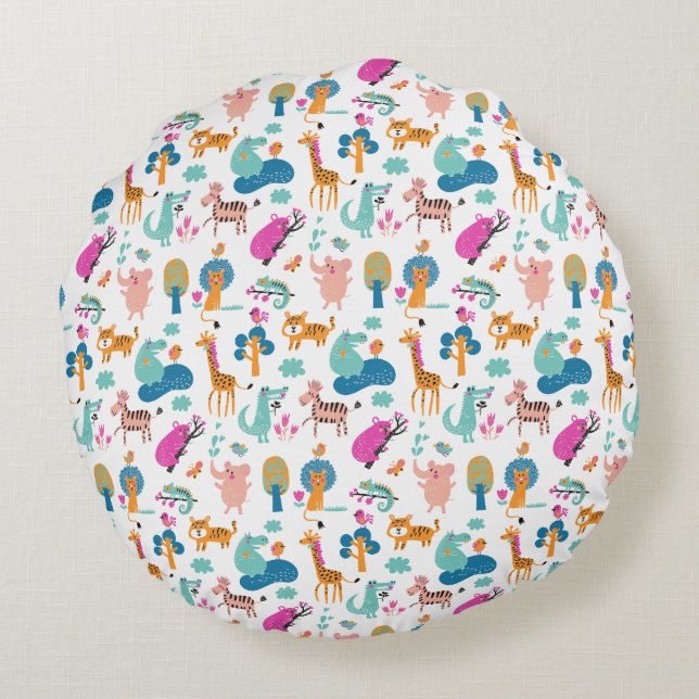 Cute and Colourful Jungle Animals Pattern Round Pillow (Back)