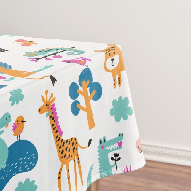 Cute and Colourful Jungle Animals Pattern Tablecloth (In Situ)